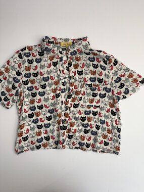 Love Notes Cat Print Short Sleeve Button Up Shirt (129_N)